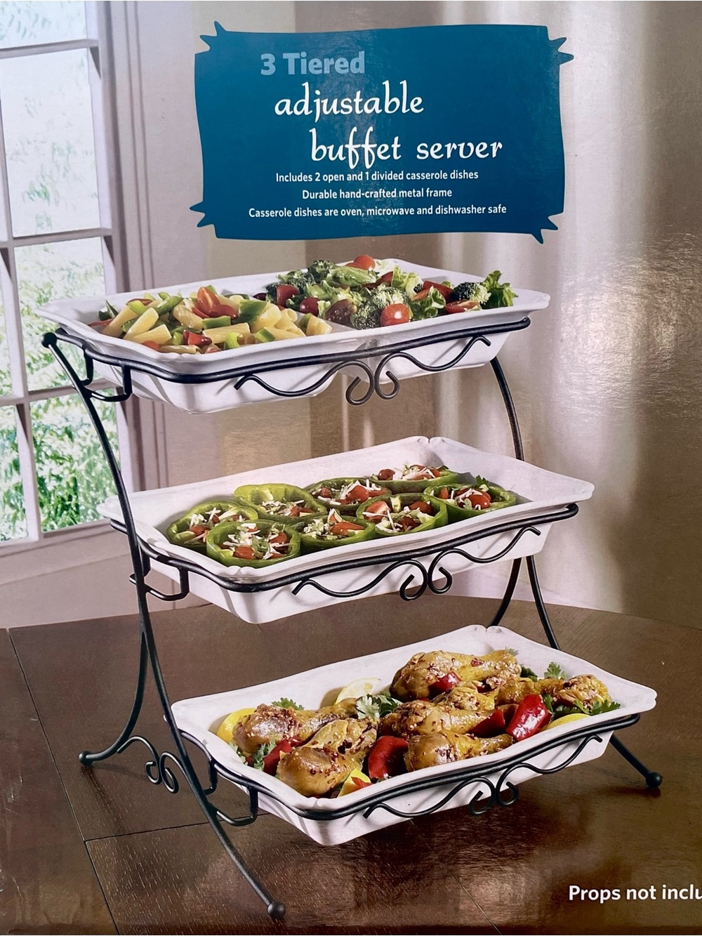 3-Tier Adjustable Buffet Server - White Ceramic Trays with Black Metal Frame